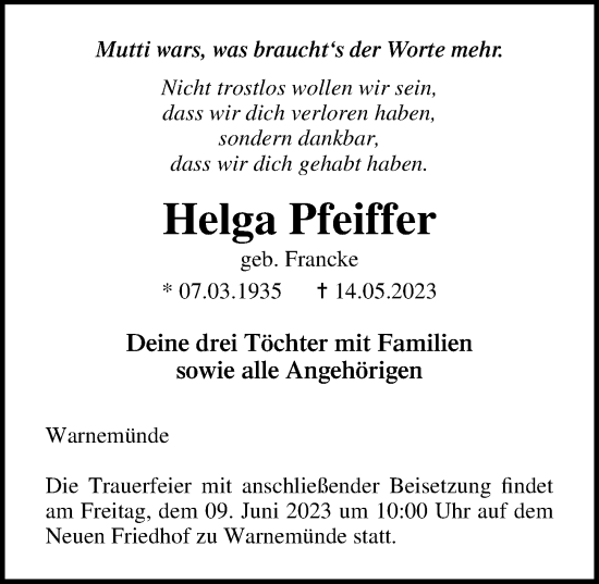 Traueranzeige von Helga Pfeiffer von Ostsee-Zeitung GmbH
