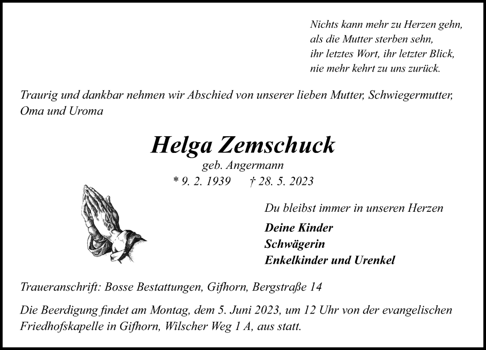  Traueranzeige für Helga Zemschuck vom 01.06.2023 aus Aller Zeitung