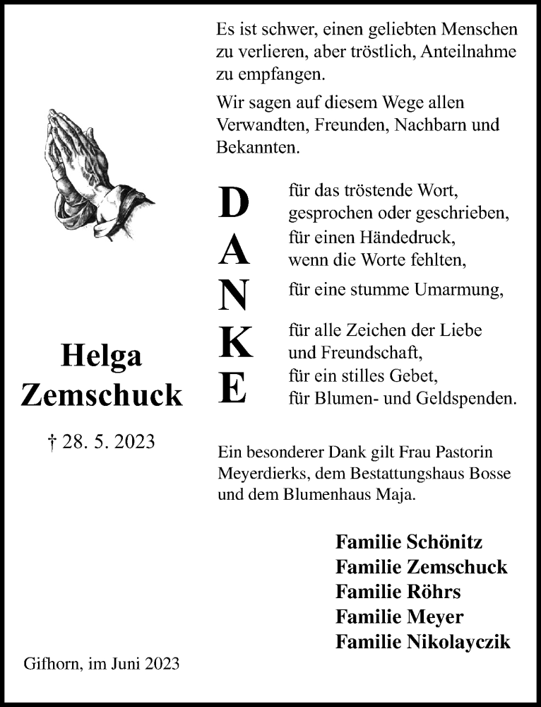  Traueranzeige für Helga Zemschuck vom 24.06.2023 aus Aller Zeitung
