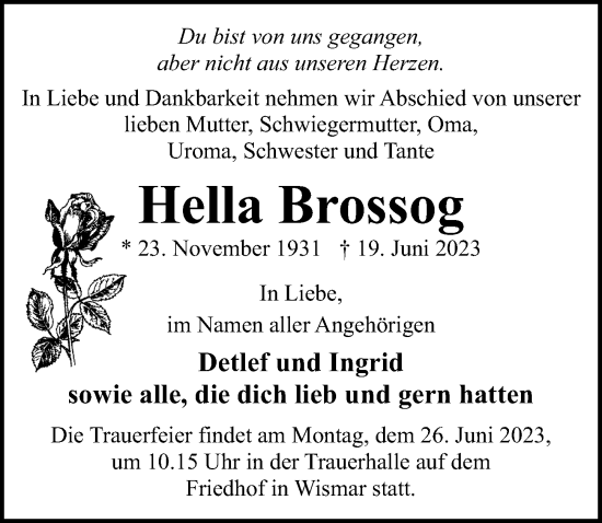 Traueranzeige von Hella Brossog von Ostsee-Zeitung GmbH