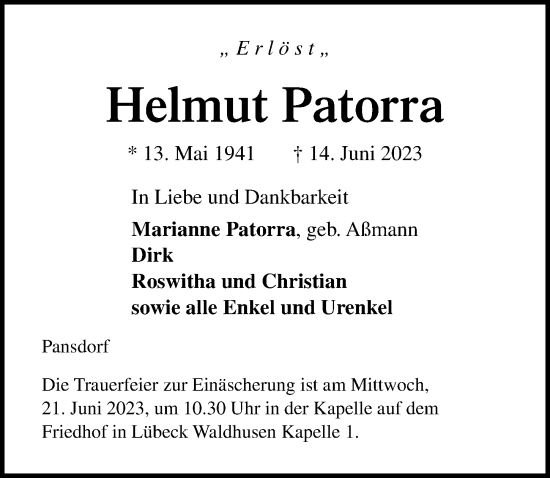 Traueranzeige von Helmut Patorra von Lübecker Nachrichten