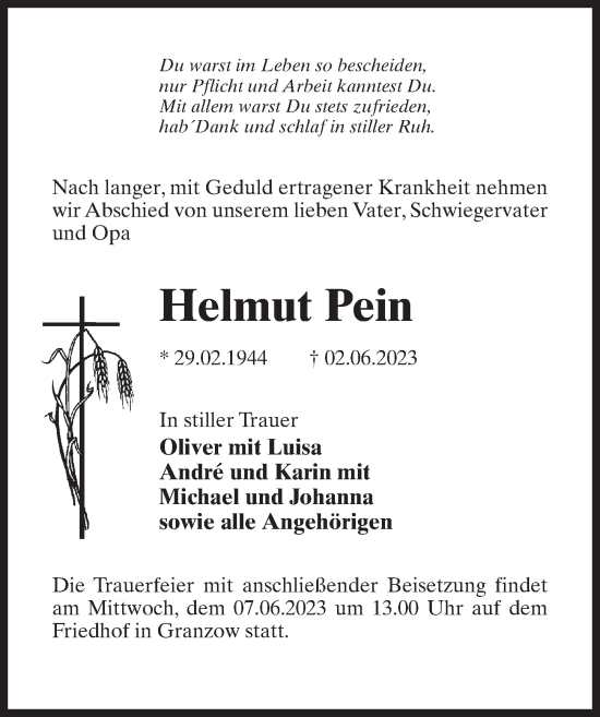 Traueranzeige von Helmut Pein von Märkischen Allgemeine Zeitung