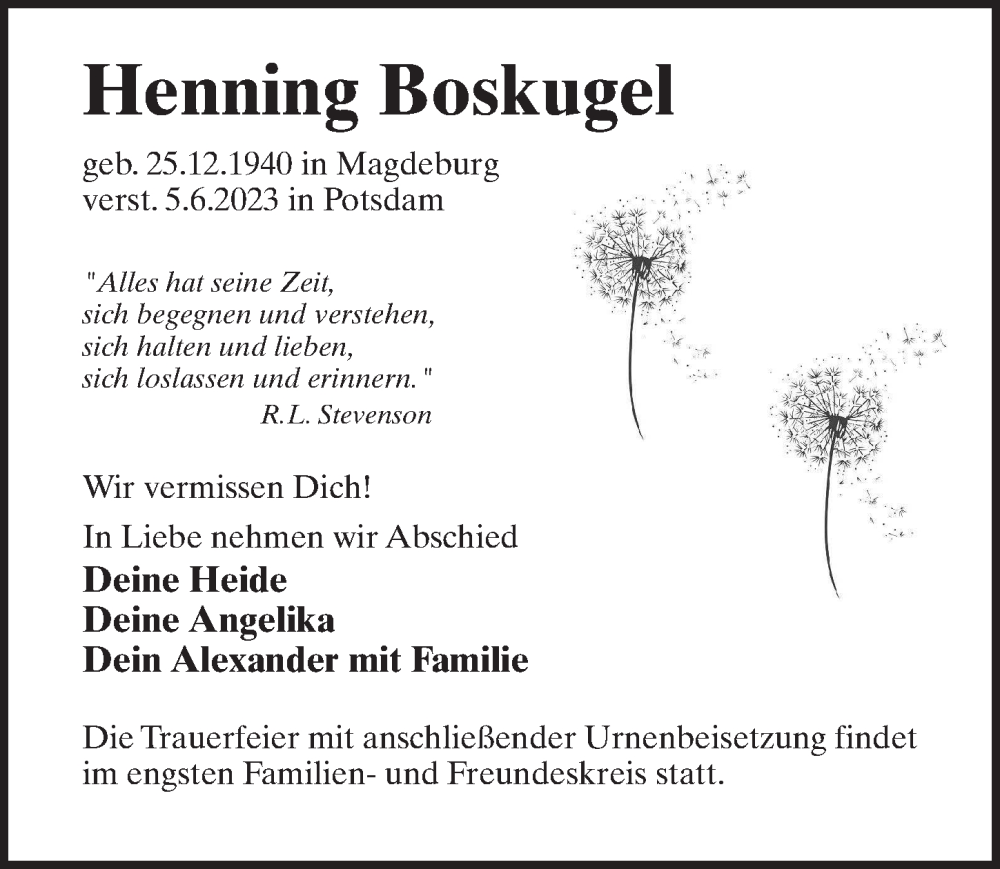  Traueranzeige für Henning Boskugel vom 10.06.2023 aus Märkischen Allgemeine Zeitung