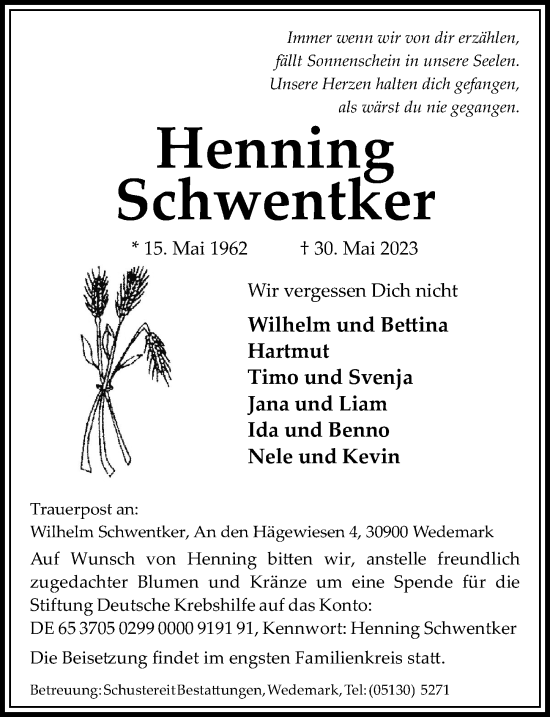 Traueranzeige von Henning Schwentker von Hannoversche Allgemeine Zeitung/Neue Presse