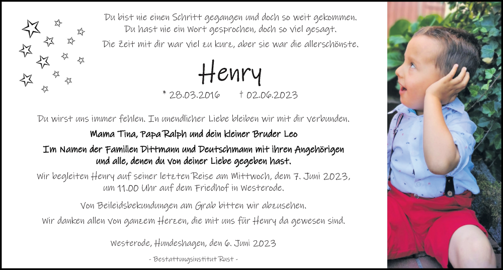  Traueranzeige für Henry  vom 06.06.2023 aus Eichsfelder Tageblatt