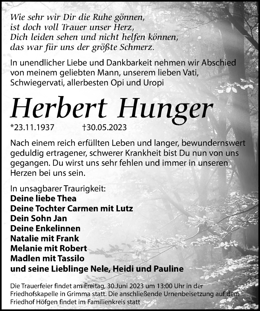  Traueranzeige für Herbert Hunger vom 24.06.2023 aus Leipziger Volkszeitung