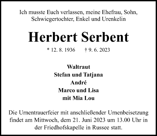 Traueranzeige von Herbert Serbent von Kieler Nachrichten