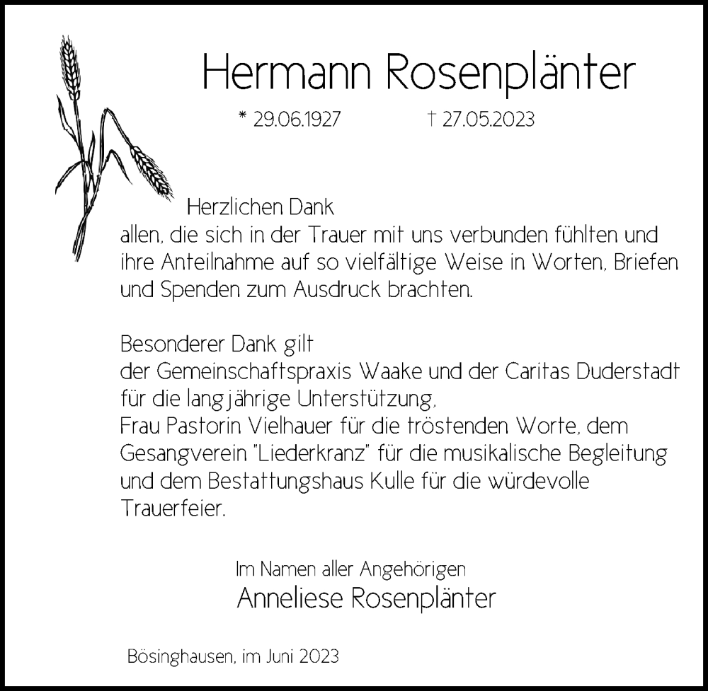  Traueranzeige für Hermann Rosenplänter vom 17.06.2023 aus Göttinger Tageblatt