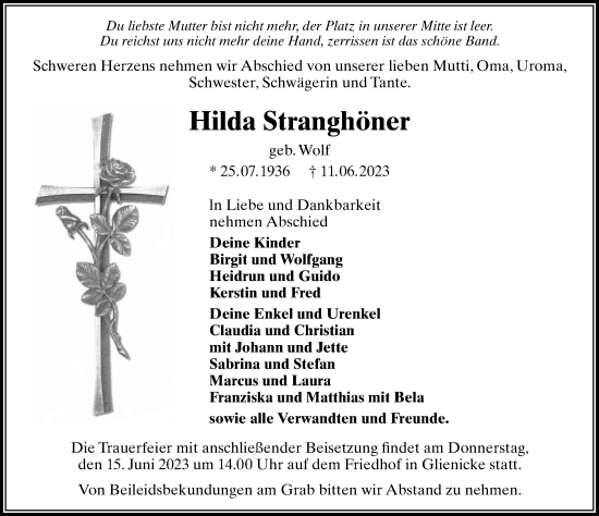 Traueranzeige von Hilda Stranghöner