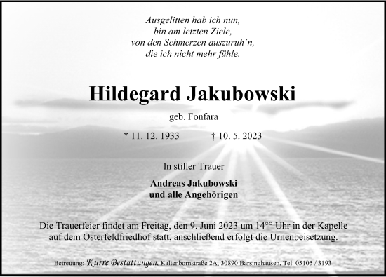Traueranzeige von Hildegard Jakubowski von Hannoversche Allgemeine Zeitung/Neue Presse