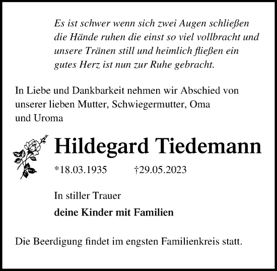 Traueranzeige von Hildegard Tiedemann von Ostsee-Zeitung GmbH