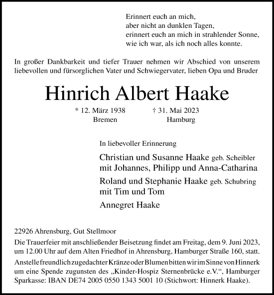 Traueranzeige von Hinrich Albert Haake von Lübecker Nachrichten