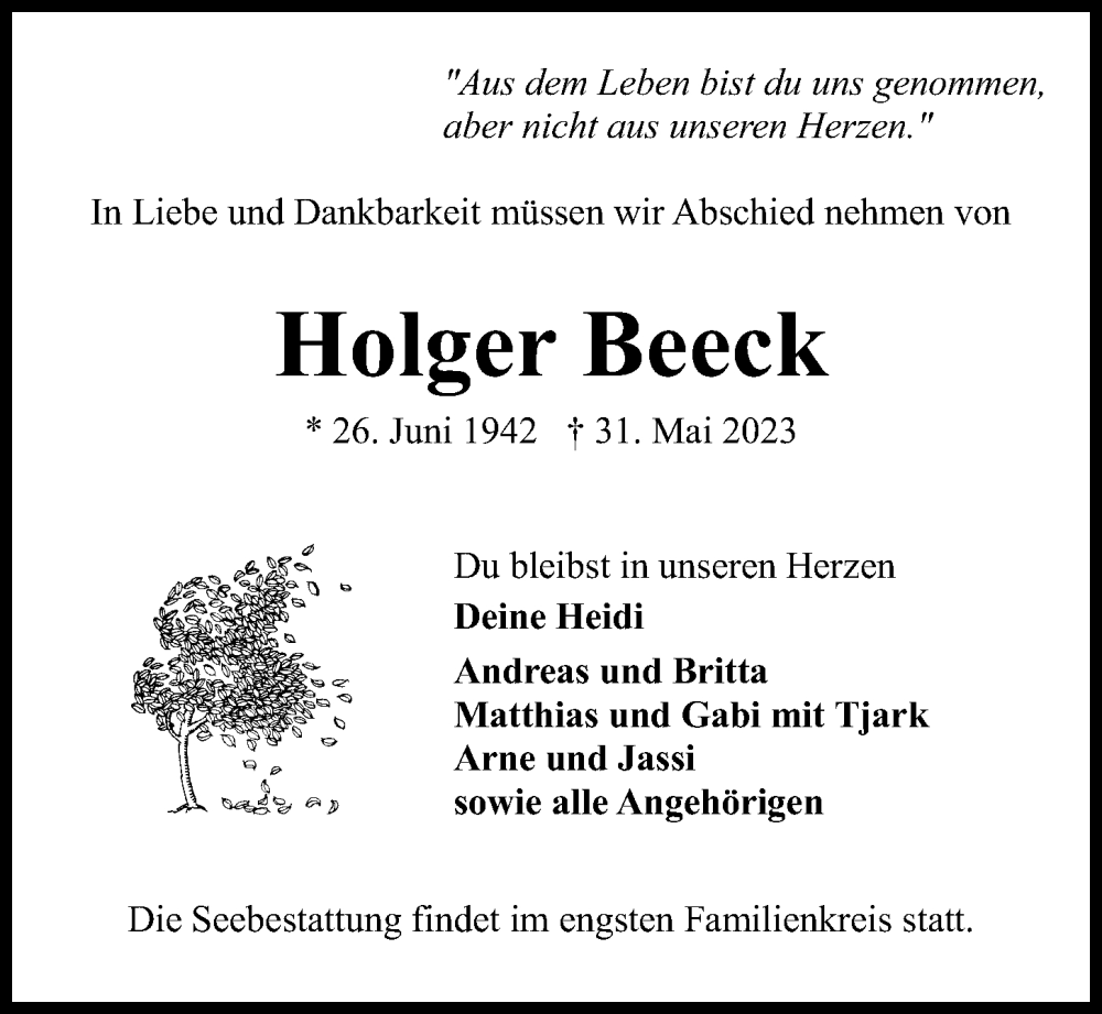  Traueranzeige für Holger Beeck vom 03.06.2023 aus Kieler Nachrichten
