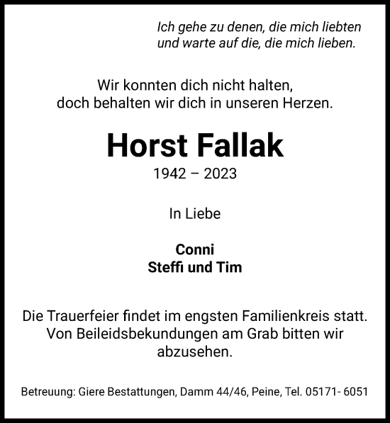 Traueranzeige von Horst Fallak von Peiner Allgemeine Zeitung