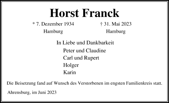 Traueranzeige von Horst Franck von Lübecker Nachrichten
