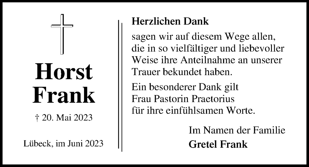  Traueranzeige für Horst Frank vom 18.06.2023 aus Lübecker Nachrichten