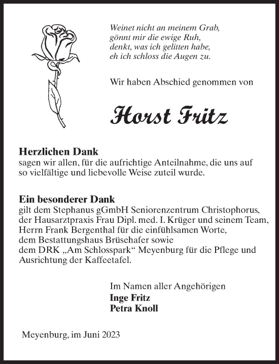 Traueranzeige von Horst Fritz von Märkischen Allgemeine Zeitung