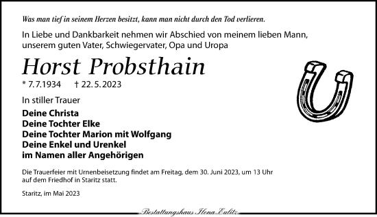 Traueranzeige von Horst Probsthain von Torgauer Zeitung