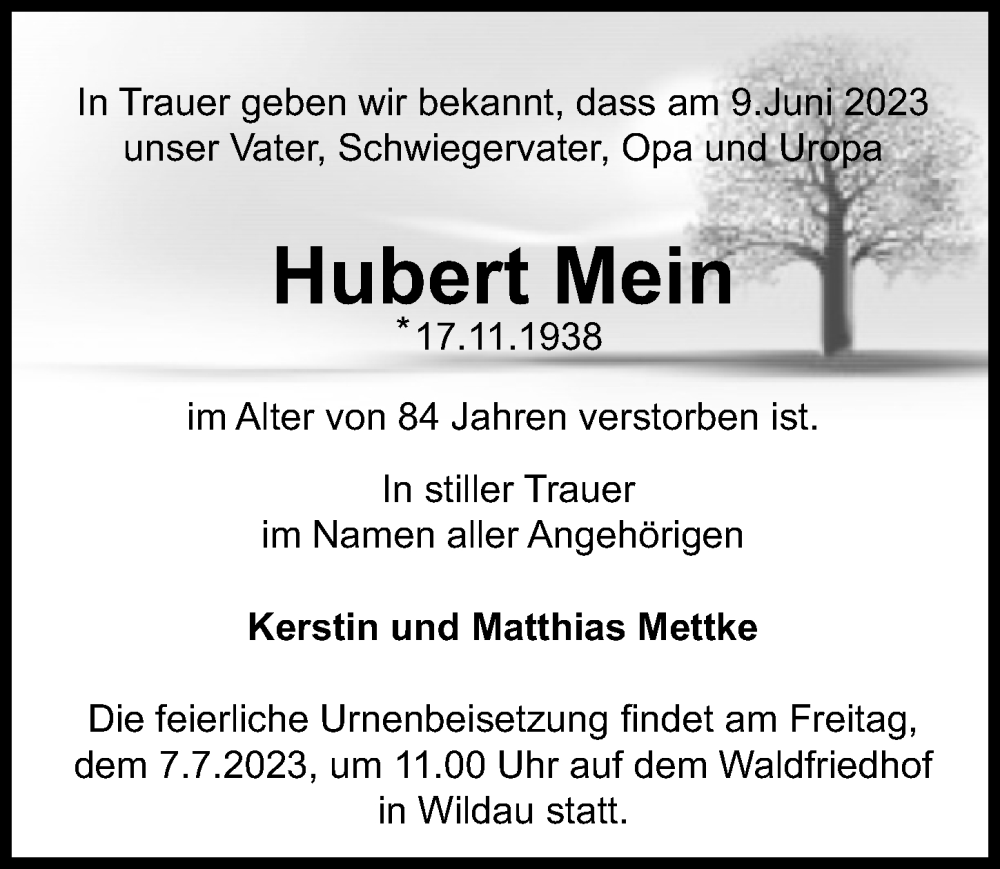  Traueranzeige für Hubert Mein vom 17.06.2023 aus Märkischen Allgemeine Zeitung