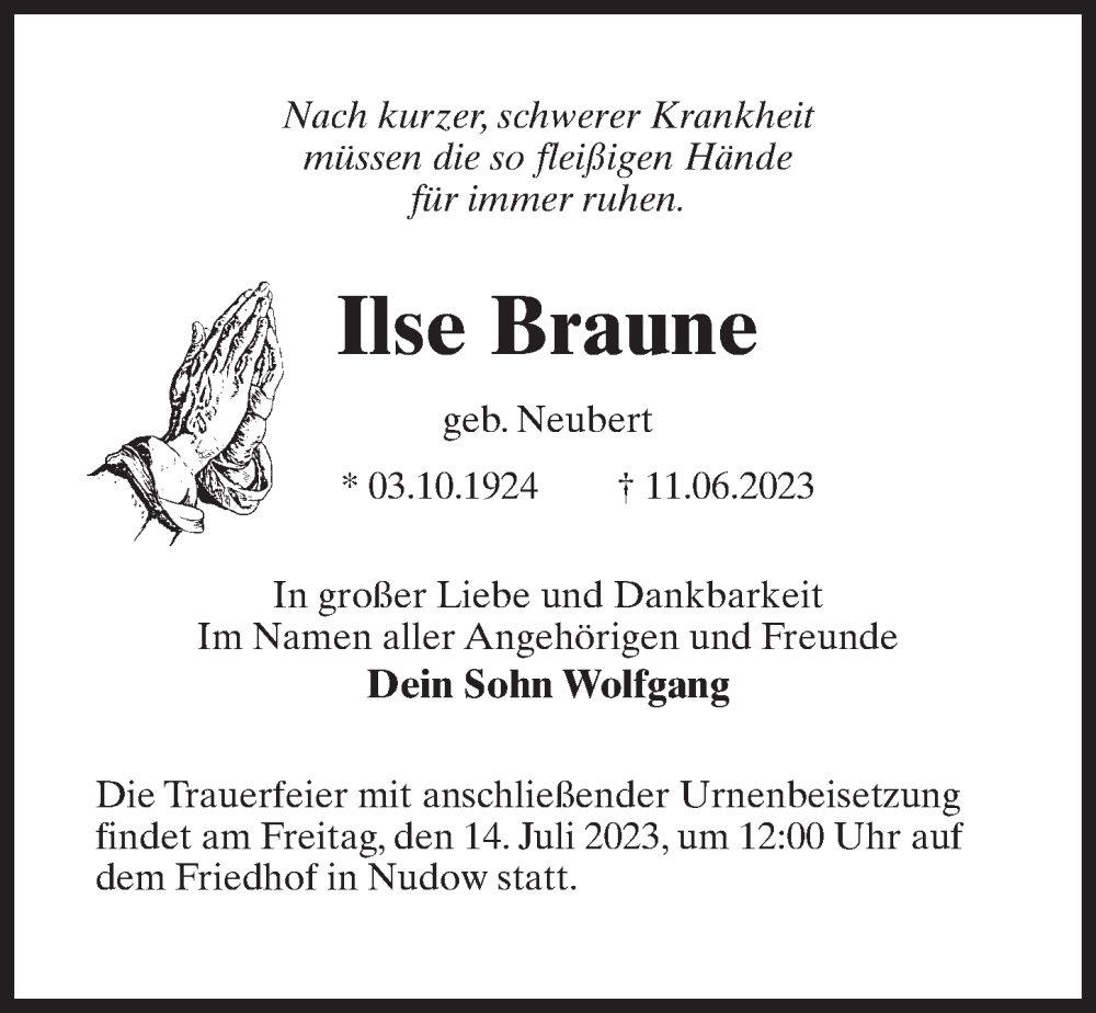  Traueranzeige für Ilse Braune vom 24.06.2023 aus Märkischen Allgemeine Zeitung