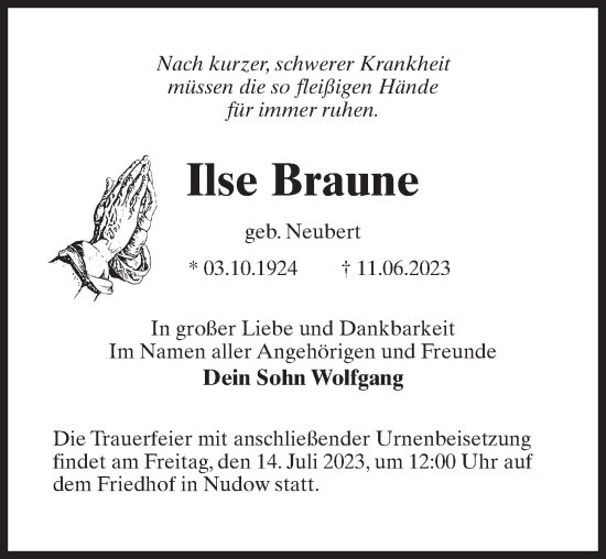 Traueranzeige von Ilse Braune von Märkischen Allgemeine Zeitung