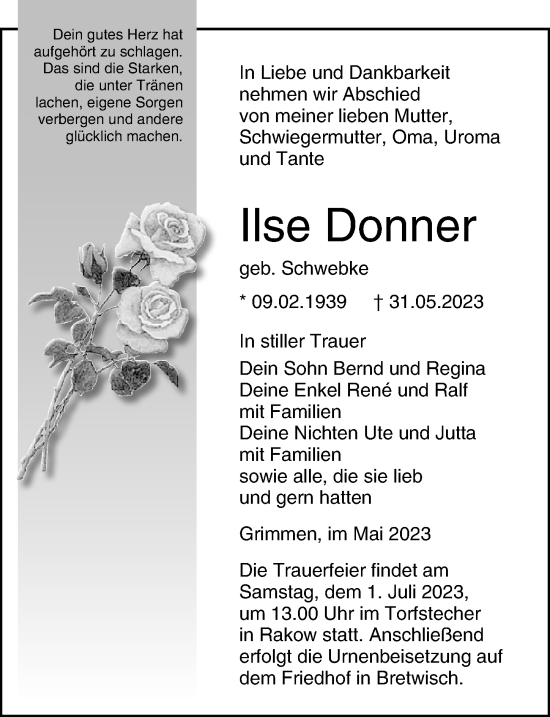 Traueranzeige von Ilse Donner von Ostsee-Zeitung GmbH