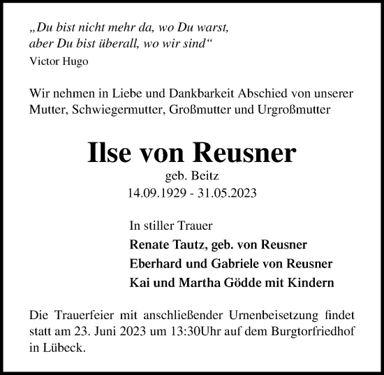 Traueranzeige von Ilse von Reusner von Lübecker Nachrichten