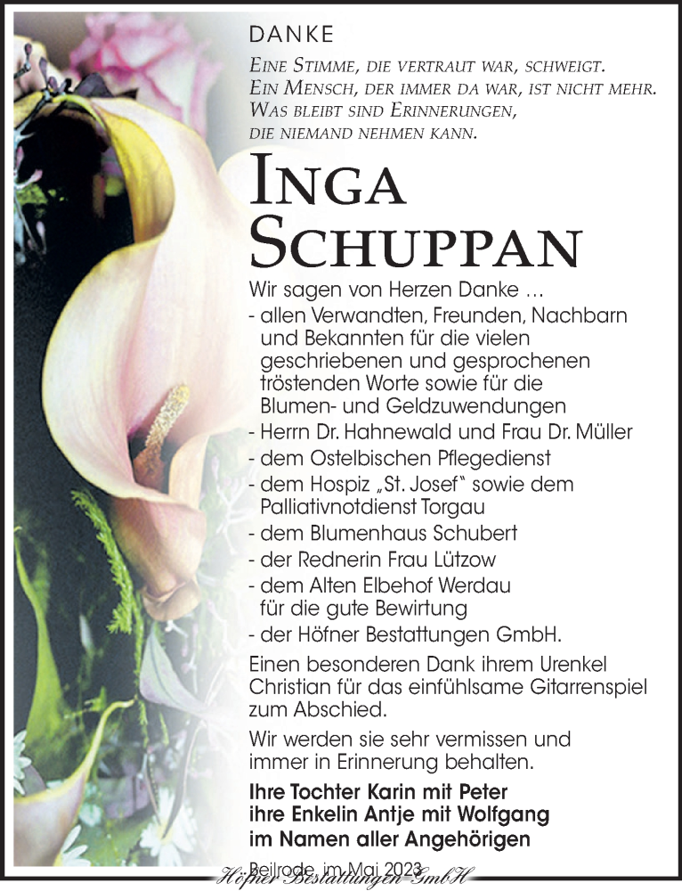  Traueranzeige für Inga Schuppan vom 13.05.2023 aus Torgauer Zeitung
