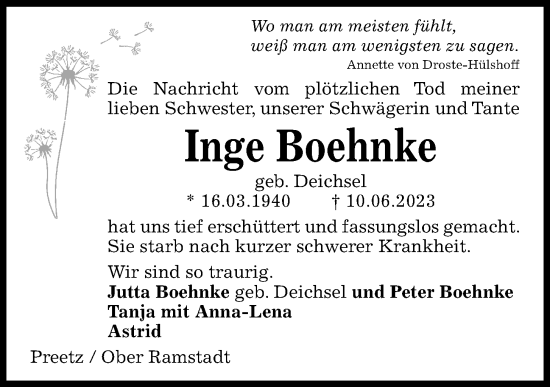 Traueranzeige von Inge Boehnke von Kieler Nachrichten