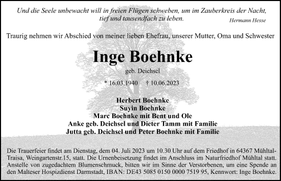 Traueranzeige von Inge Boehnke von Kieler Nachrichten