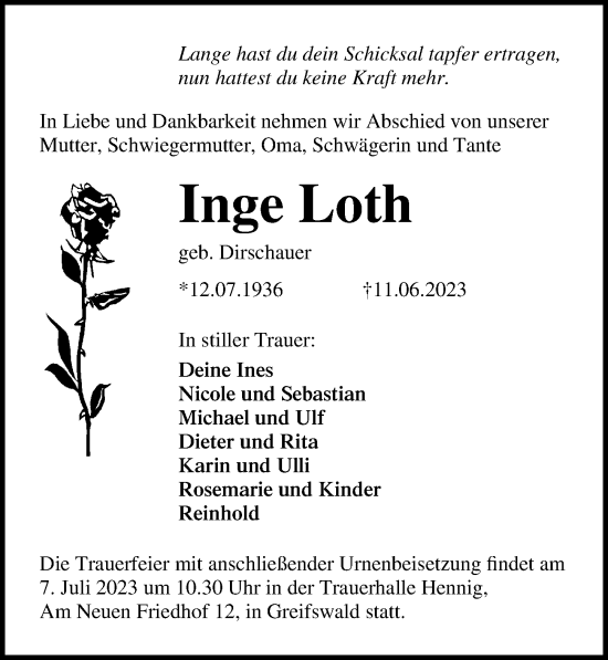 Traueranzeige von Inge Loth von Ostsee-Zeitung GmbH