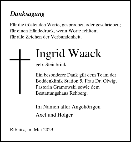 Traueranzeige von Ingrid Waack von Ostsee-Zeitung GmbH