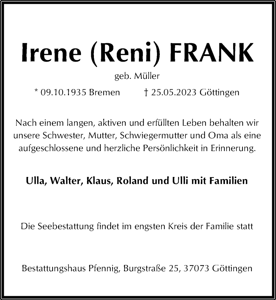 Traueranzeigen Von Irene Frank | Trauer-anzeigen.de