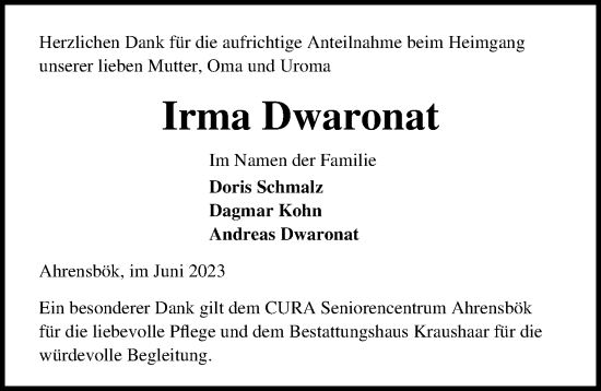 Traueranzeige von Irma Dwaronat von Lübecker Nachrichten