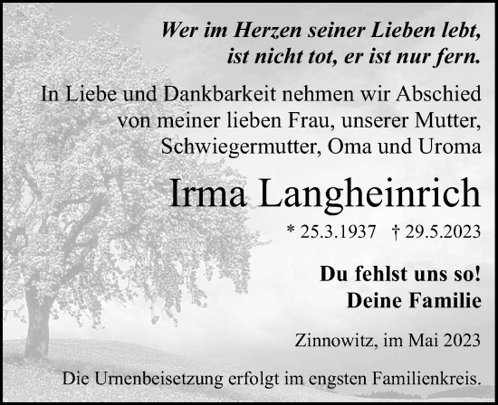 Traueranzeige von Irma Langheinrich von Ostsee-Zeitung GmbH