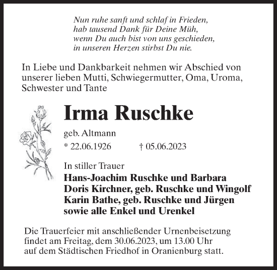 Traueranzeige von Irma Ruschke von Märkischen Allgemeine Zeitung