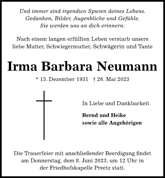 Traueranzeige von Irma Barbara Neumann von Kieler Nachrichten