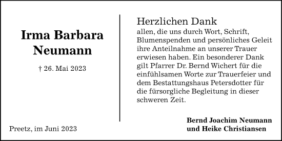 Traueranzeige von Irma Barbara Neumann von Kieler Nachrichten