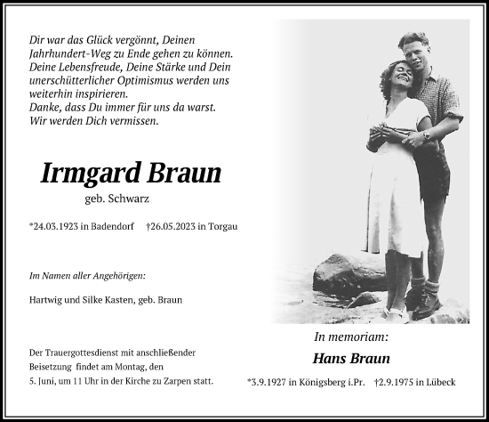 Traueranzeige von Irmgard Braun von Torgauer Zeitung
