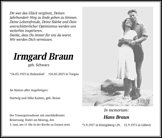 Traueranzeige von Irmgard Braun von Lübecker Nachrichten