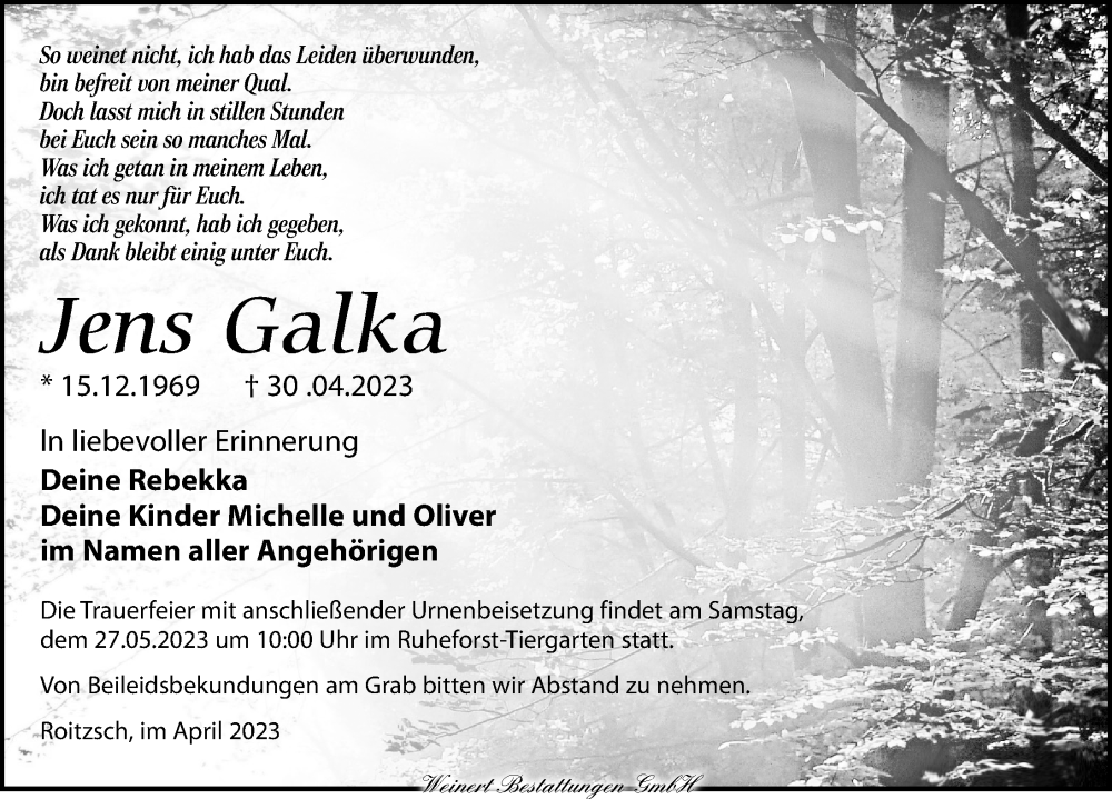  Traueranzeige für Jens Galka vom 13.05.2023 aus Torgauer Zeitung