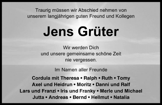 Traueranzeige von Jens Grüter von Kieler Nachrichten