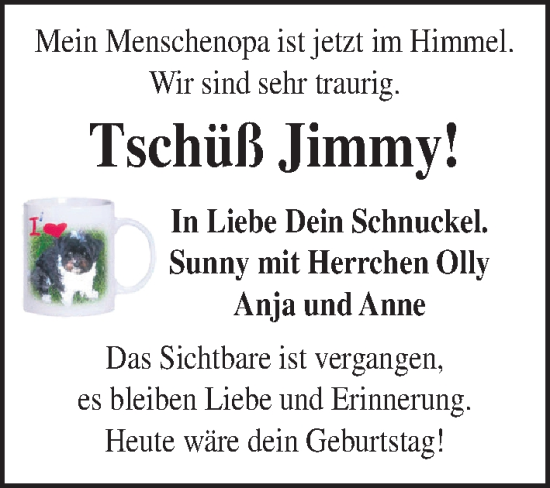 Traueranzeige von Jimmy  von Hannoversche Allgemeine Zeitung/Neue Presse