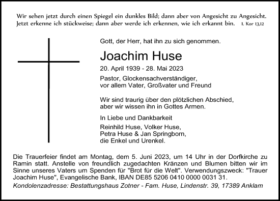 Traueranzeige von Joachim Huse von Ostsee-Zeitung GmbH