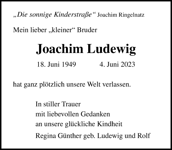 Traueranzeige von Joachim Ludewig von Ostsee-Zeitung GmbH