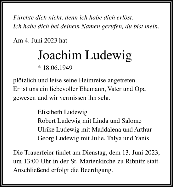 Traueranzeige von Joachim Ludewig von Ostsee-Zeitung GmbH