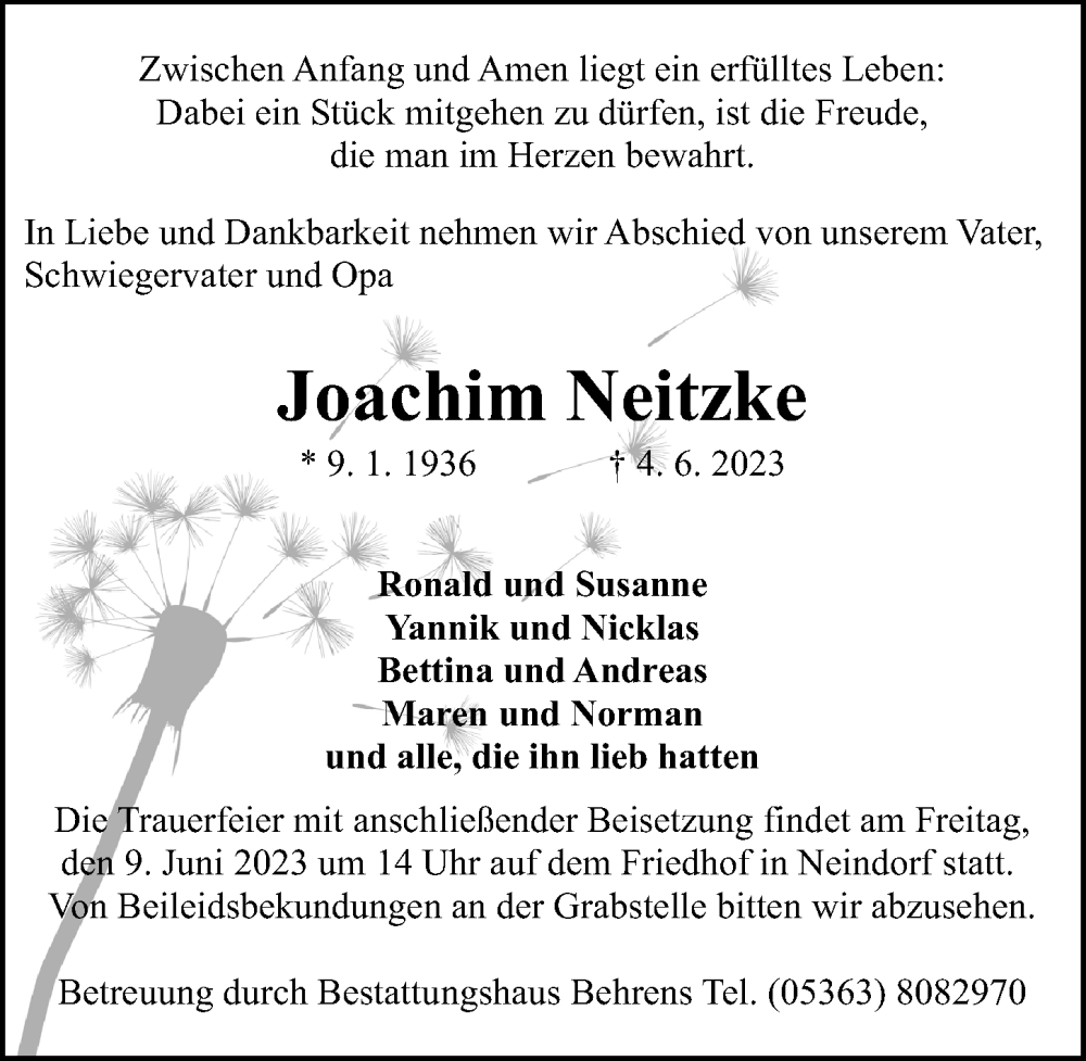  Traueranzeige für Joachim Neitzke vom 07.06.2023 aus Aller Zeitung