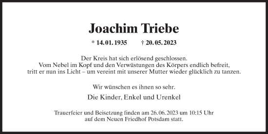 Traueranzeige von Joachim Triebe von Märkischen Allgemeine Zeitung