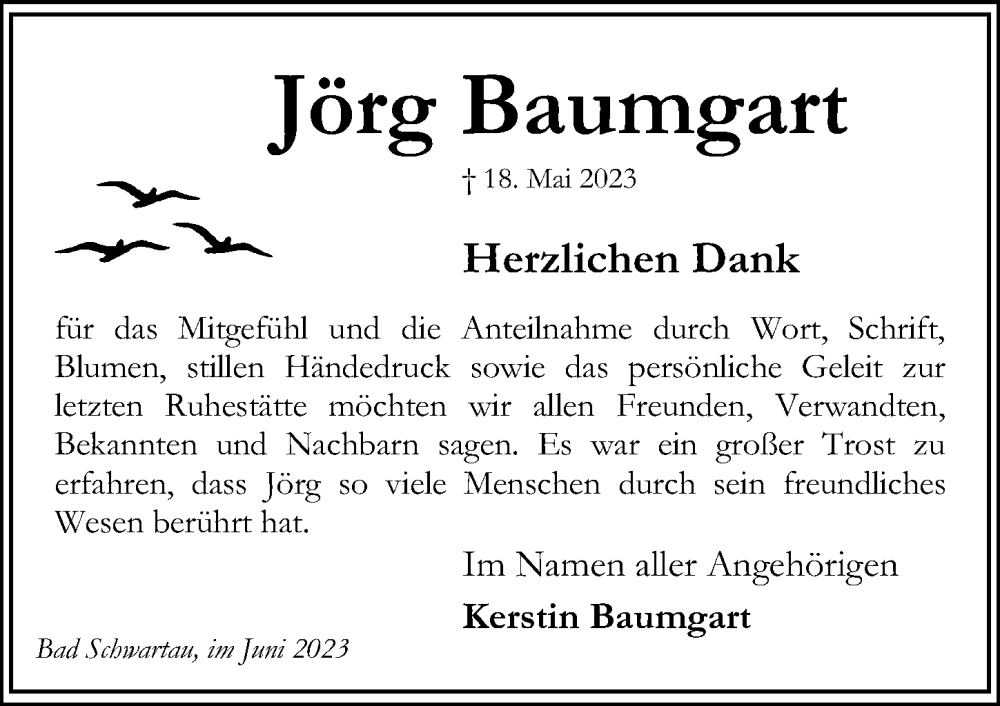  Traueranzeige für Jörg Baumgart vom 11.06.2023 aus Lübecker Nachrichten