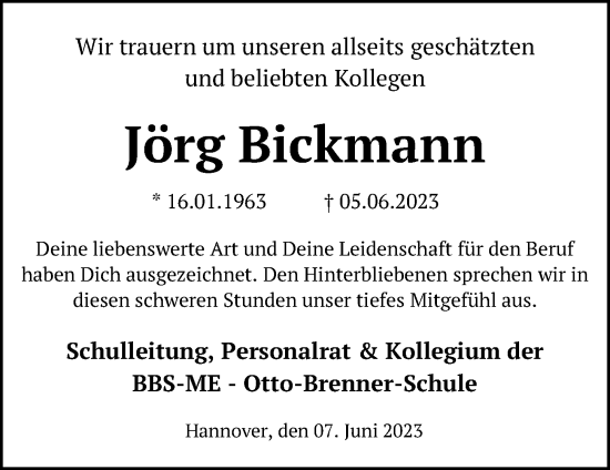 Traueranzeige von Jörg Bickmann von Hannoversche Allgemeine Zeitung/Neue Presse